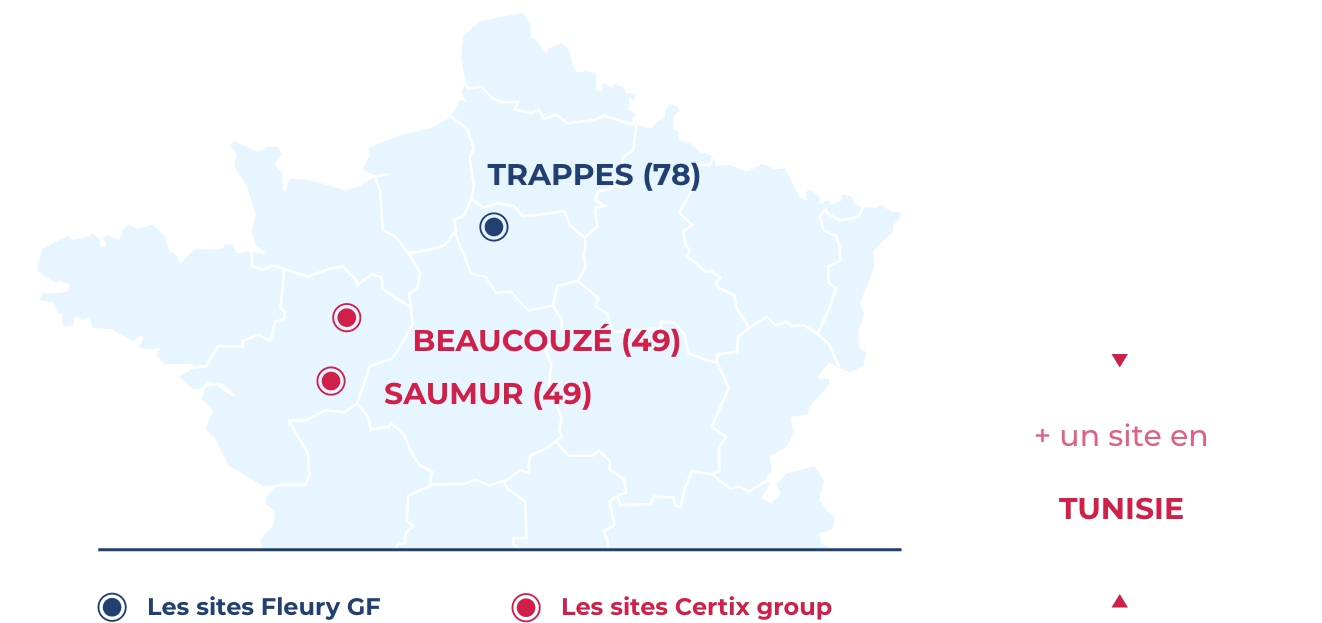 Un site fleury à Trappes (78), un site Certix group à Beaucouzé (49), un site Certix groupe à Saumur (49), Un site Certix group en Tunisie.